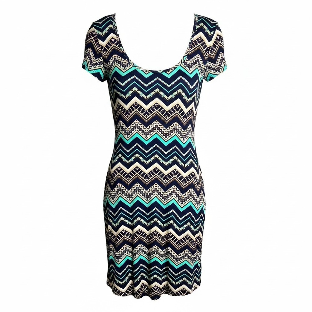 Bobbie Brooks Y2K Womens Teal Navy Blue Chevron Geometric Short Sleeve Dress XL